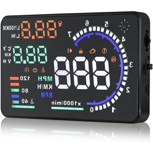 Visualisation tête haute A8 OBD2 de 5.5 po avec affichage du régime du moteur en cas d'excès de vitesse, indicateur de consommation de carburant