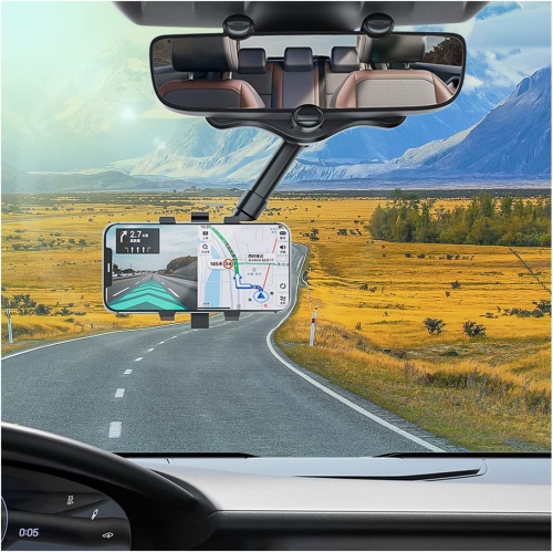 Car Phone Holder Mount for Rearview Mirror, Multifunctional Rotatable and Retractable Cell Phone Holder, 360° Rotation Adjustment Mobile Phone Stand