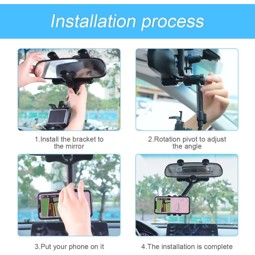 Car Phone Holder Mount for Rearview Mirror, Multifunctional Rotatable and Retractable Cell Phone Holder, 360° Rotation Adjustment Mobile Phone Stand