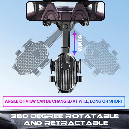 [Version 2022] Rear View Mirror Phone Holder, 360° Rotatable and Retractable Car Phone Holder Universal Rearview Car Phone Mount for All Mobile Phones