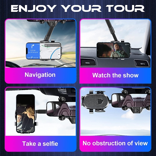 [Version 2022] Rear View Mirror Phone Holder, 360° Rotatable and Retractable Car Phone Holder Universal Rearview Car Phone Mount for All Mobile Phones