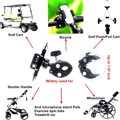 Universal Cell Phone Holder Mount Clip for Golf Cart, Mic Microphone Stand Pole, Wheelchair Walker, Stroller, Boat, Exercise Spin Bike, Bicycle