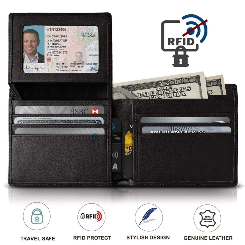 YELLOW-PRICE  Trifold Wallet Rfid Genuine Leather Luxury Bifold Slim Mens Id New In Black