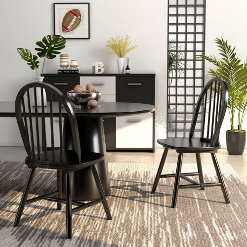 Ensemble de 2 chaises rétro en bois Windsor avec dossier à barreaux pour salle à manger, noir