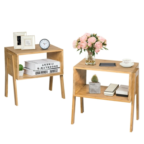 2 Pieces Bamboo Storage Shelf Nightstand Sofa Table