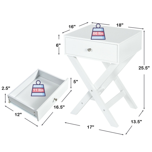 X Shaped Structure Side Nightstand with Drawer-White