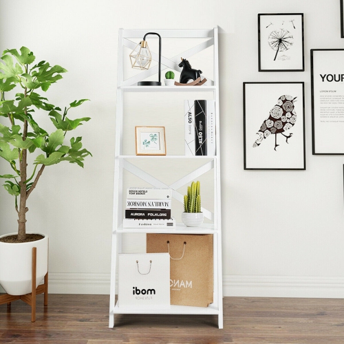Freestanding 4-Tier Ladder Shelf Bookcase with Leaning Design