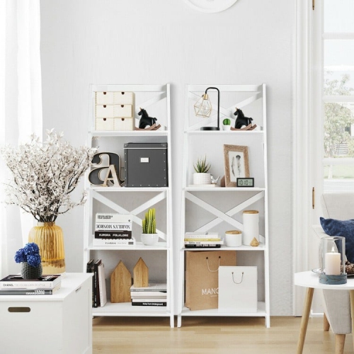 Freestanding 4-Tier Ladder Shelf Bookcase with Leaning Design