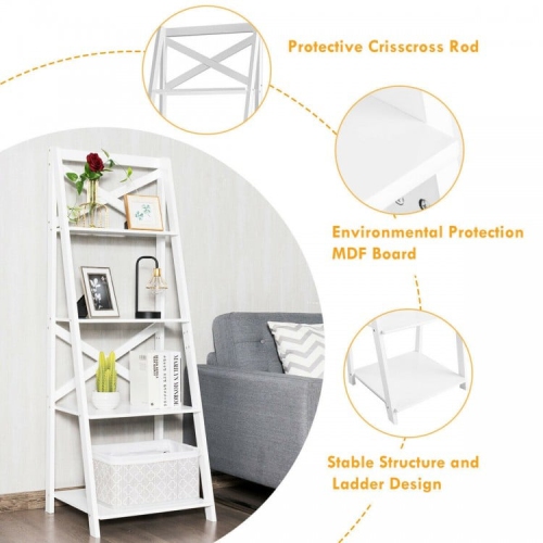 Freestanding 4-Tier Ladder Shelf Bookcase with Leaning Design