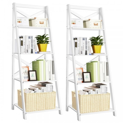 Freestanding 4-Tier Ladder Shelf Bookcase with Leaning Design