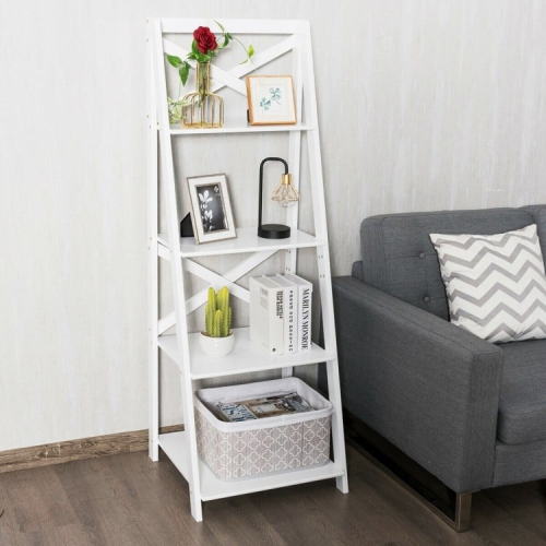 Freestanding 4-Tier Ladder Shelf Bookcase with Leaning Design