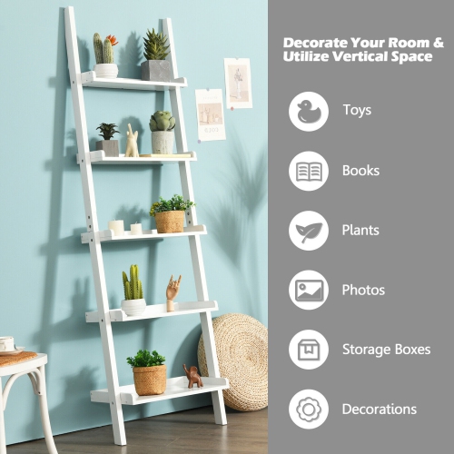 5-Tier Wall-leaning Ladder Shelf Display Rack for Plants and Books-White