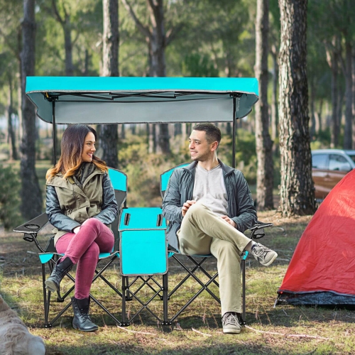 Portable Folding Camping Canopy Chairs with Cup Holder-Turquoise