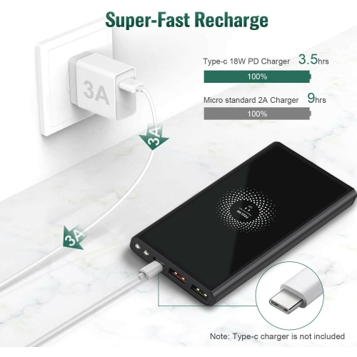 Chargeur portable sans fil USB C, 10 000 mAh Qi 15 W de recharge pour iPhone 12 11 et Galaxy S20