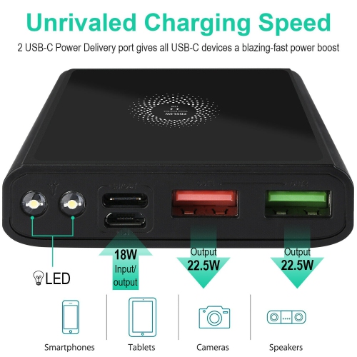 Chargeur portable sans fil USB C, 10 000 mAh Qi 15 W de recharge pour iPhone 12 11 et Galaxy S20