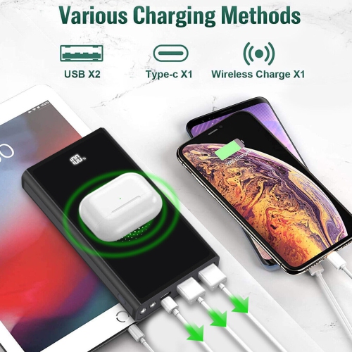 Chargeur portable sans fil USB C, 10 000 mAh Qi 15 W de recharge pour iPhone 12 11 et Galaxy S20