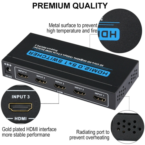 HDMI Switch with IR Remote Control Supports 4k@60HZ 3D HD for PS4 Xbox Apple TV