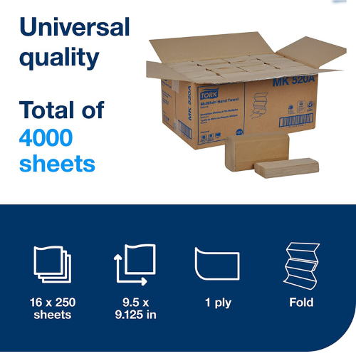 Tork Universal MK520A Multifold Paper Hand Towel, 1-Ply , 9.5" Width x 9.13" Length, Natural,