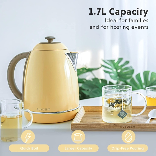 BUYDEEM K640 Stainless Steel Electric Tea Kettle with Auto Shut-Off and Boil Dry Protection, 1.7 Liter Cordless Hot Water Boiler with Swivel Base,