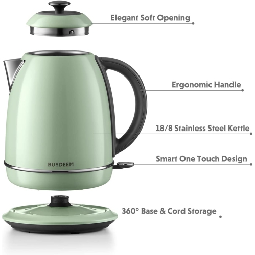 BUYDEEM K640 Stainless Steel Electric Tea Kettle with Auto Shut-Off and Boil Dry Protection, 1.7 Liter Cordless Hot Water Boiler with Swivel Base,