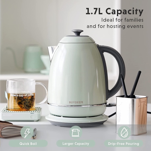 BUYDEEM K640 Stainless Steel Electric Tea Kettle with Auto Shut-Off and Boil Dry Protection, 1.7 Liter Cordless Hot Water Boiler with Swivel Base,