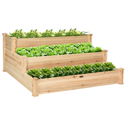 GYMAX  Outdoor Garden 3 Tier Wooden Elevated Raised Vegetable Planter Gardening Kit