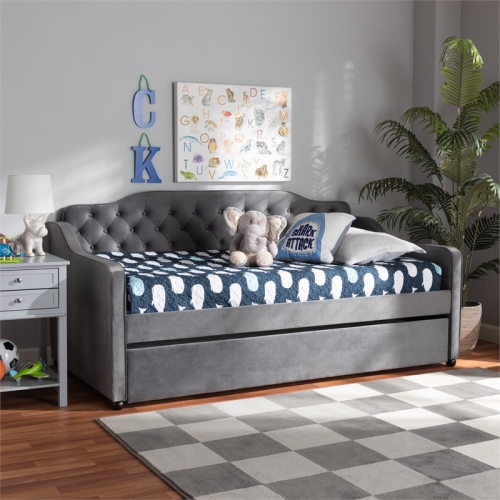 Baxton Studio Freda Twin Size Gray Velvet Button Tufted Daybed with Trundle