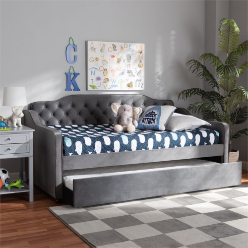 Baxton Studio Freda Twin Size Gray Velvet Button Tufted Daybed with Trundle