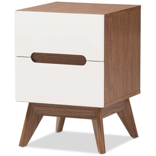 BOWERY HILL  Mid-Century 2 Drawer Nightstand In And Walnut In White