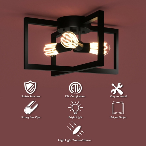 Gymax 3-Lights Flush Mount Geometric Metal Ceiling Lamp w/ Iron Square Lamp Shade