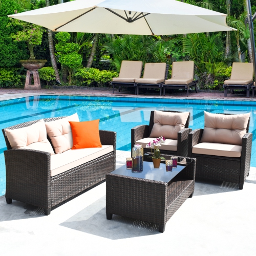 GYMAX  4PCs Outdoor Rattan Furniture Set Cushioned Sofa W/armrest Home