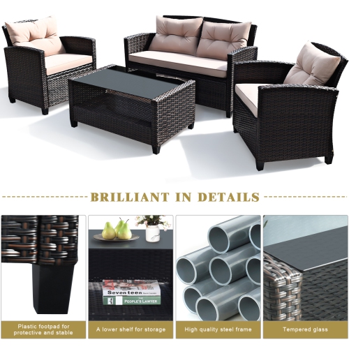 Gymax 4pcs Outdoor Rattan Furniture Set Cushioned Sofa w/Armrest Home