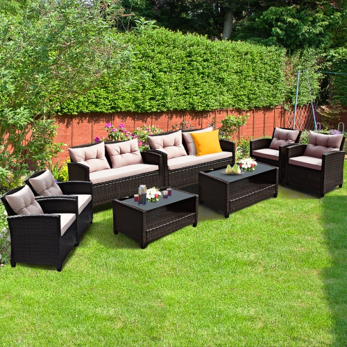 GYMAX  8PCs Outdoor Rattan Sectional Sofa Set W/cushion Armrest Patio