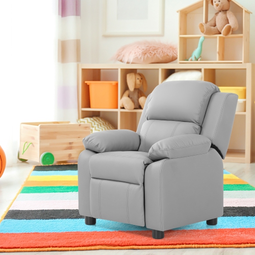 Gymax Deluxe Padded Kids Sofa Armchair Recliner Headrest Children w/ Storage Arms Gray