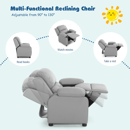 Gymax Deluxe Padded Kids Sofa Armchair Recliner Headrest Children w/ Storage Arms Gray