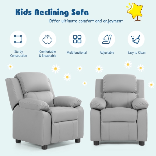 Gymax Deluxe Padded Kids Sofa Armchair Recliner Headrest Children w/ Storage Arms Gray