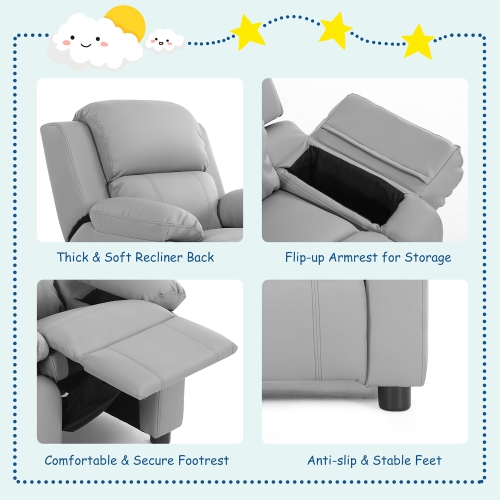 Gymax Deluxe Padded Kids Sofa Armchair Recliner Headrest Children w/ Storage Arms Gray