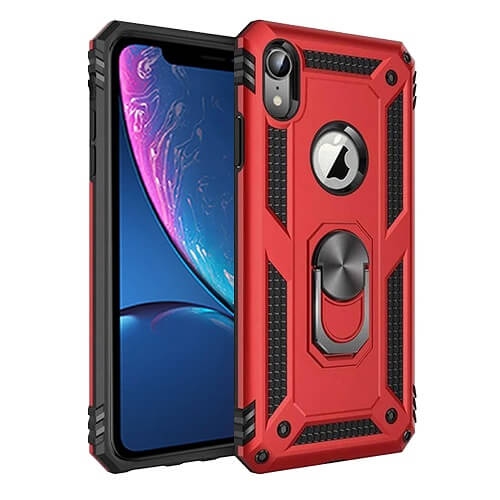 For Apple iPhone XR Red Military Grade 360 Degree Rotating Metal Magnetic Ring Car Mount Holder Kickstand Shockproof Heavy Duty Cover