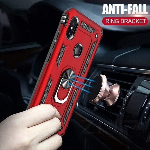 For Apple iPhone XR Red Military Grade 360 Degree Rotating Metal Magnetic Ring Car Mount Holder Kickstand Shockproof Heavy Duty Cover