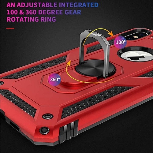 For Apple iPhone XR Red Military Grade 360 Degree Rotating Metal Magnetic Ring Car Mount Holder Kickstand Shockproof Heavy Duty Cover