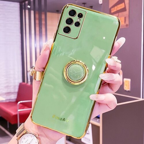 For Samsung Galaxy S21 Ultra Green Ring Case Luxury Stream Plating Elegant Cover Case
