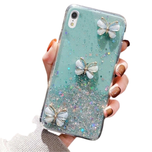 For Apple iPhone XR Green Smart Shockproof Glitter Crystal butterfly Wrist Strap Cover Case