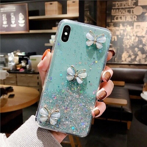 For Apple iPhone XR Green Smart Shockproof Glitter Crystal butterfly Wrist Strap Cover Case