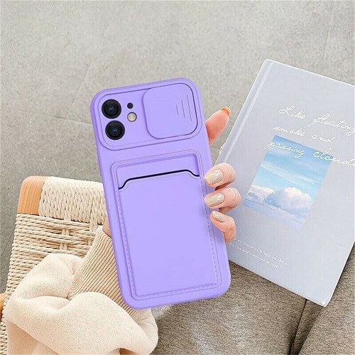 For Apple iPhone 12 Purple Smart Shockproof Slide Camera Protector Card Slots Wallet Cover Case