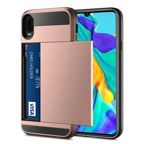 For Huawei P30 Rose Gold Shockproof Card Slot Wallet Heavy Duty Case Tough 360 Cover Case