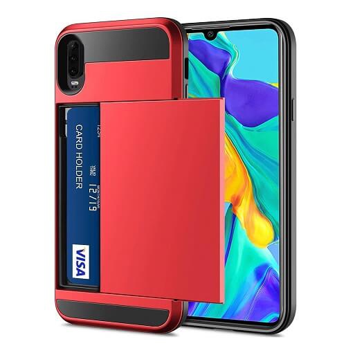 For Huawei P30 Red Shockproof Card Slot Wallet Heavy Duty Case Tough 360 Cover Case