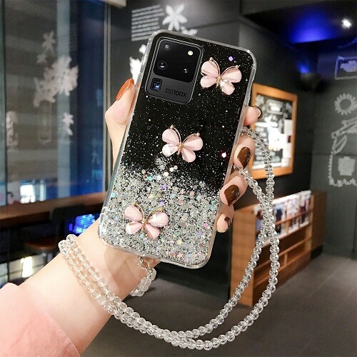 Pour Galaxy S20 Ultra de Samsung, étui-support à dragonne papillon en cristal scintillant noir