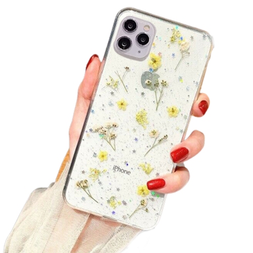 For Apple iPhone 11 Pro Yellow Smart Shockproof Dry Flower Glitter Case TPU  Back Cover