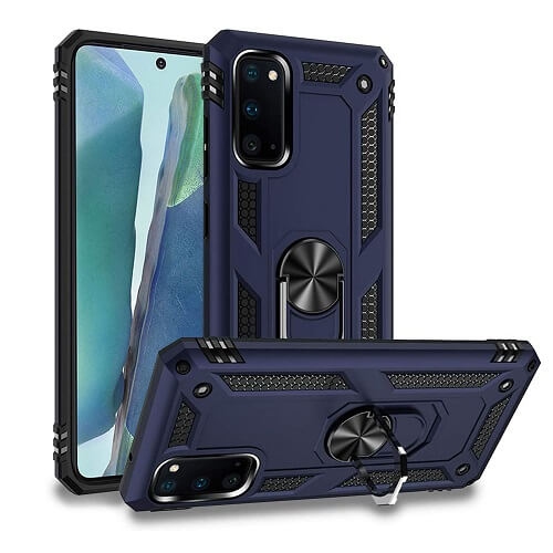 For Samsung Galaxy Note 20 Blue Military Grade 360 Degree Rotating Metal Magnetic Ring Car Mount Holder Kickstand Shockproof Heavy Duty Cover