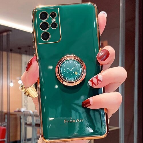 For Samsung Galaxy S21 Ultra Dark Green Ring Case Luxury Stream Plating Elegant Cover Case
